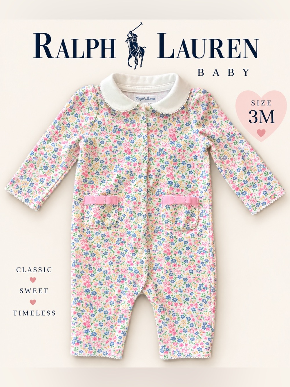 Ralph Lauren Baby Floral Collared Pink & Blue Long-Sleeve One-Piece